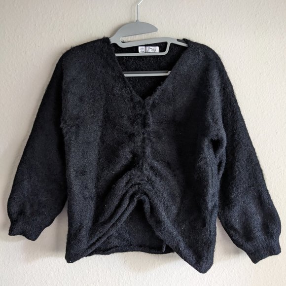 Truly Yours Pullover Long Sleeve Vneck Solid Black Boho Sweater Women's S/M - Picture 2 of 4